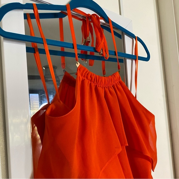 Bebe Bright Orange Party Halter Silky Cocktail Dress - Picture 3 of 14